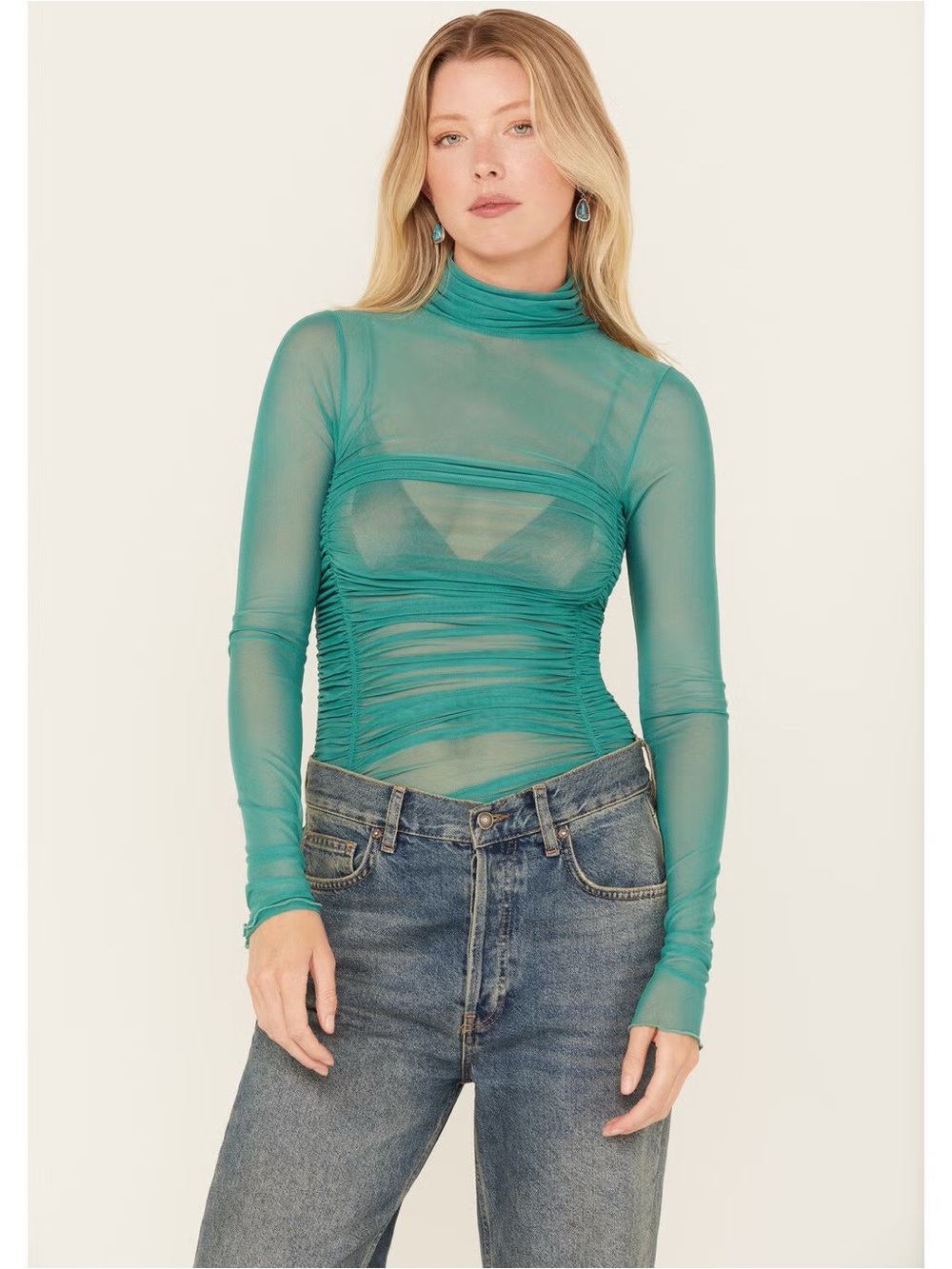 FREE PEOPLE Emerald Green Ruched Mesh Turtleneck Bodysuit